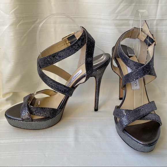 Jimmy Choo Vamp Metallic Slingback Wrap Sandals Platform Heels Glitter Silver - Picture 5 of 12
